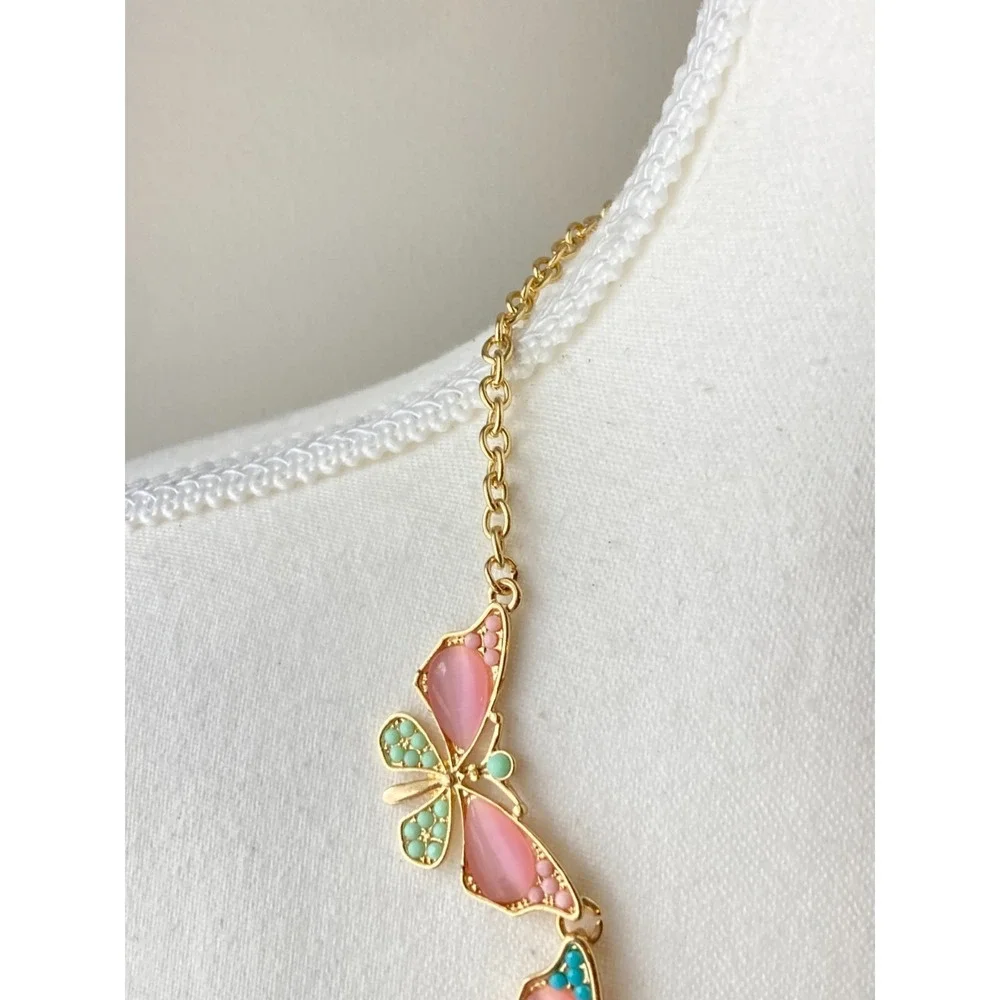 Natasha Butterfly Collar Necklace Pastel Enamel Cabochon Fairy Spring Whimsical - Picture 2 of 9